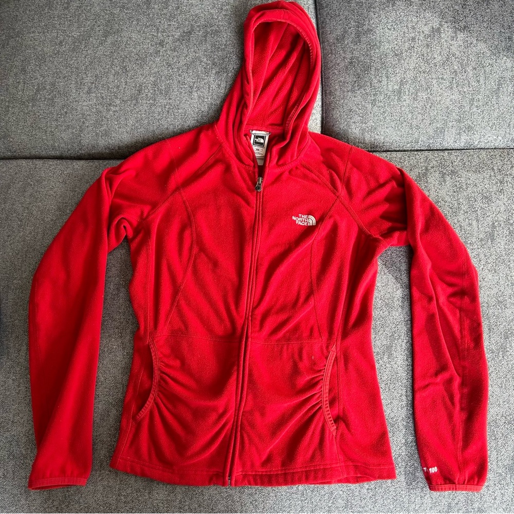 North face red full zip fleece with hood women’s size medium